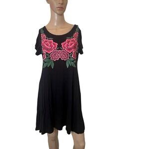 Vtg French Atmosphere 90s Lounge Dress Stretch Black‎ w/ Floral Applique Sz Med
